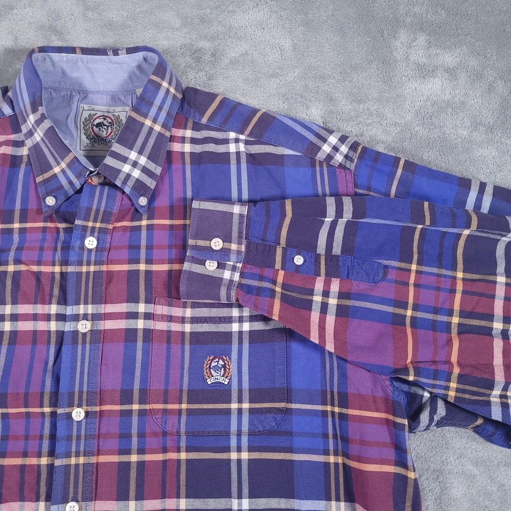 Cinch Shirt Mens 2XL Purple Blue Plaid Button Down Western‎ Rodeo Cowboy Logo